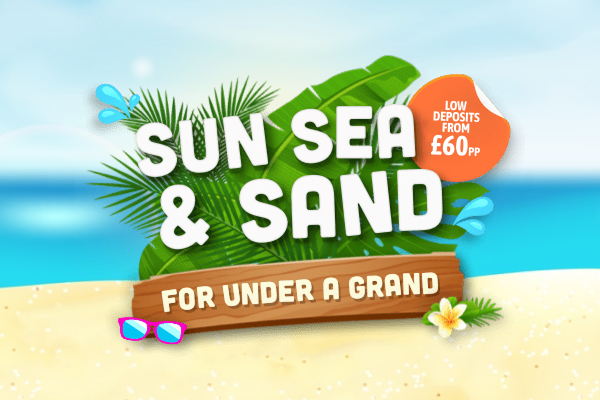 A vector beach background with a campaign graphic showing leaves, white text and other elements