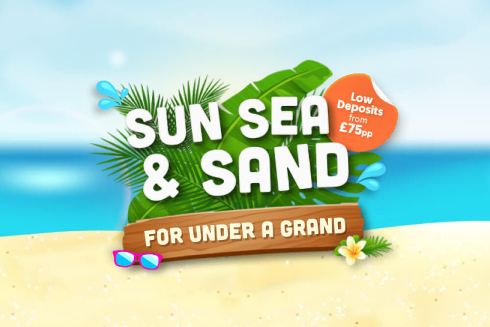 A vector beach background with a campaign graphic showing leaves, white text and other elements